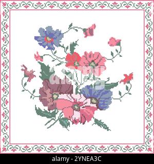 Point de croix fleurs cadre floral ukrainien broderie motif Illustration de Vecteur