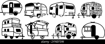 Caravanes Set illustration | vecteur Doodle minimaliste pour les dessins de voyage et d'aventure Illustration de Vecteur