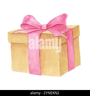 Boîte cadeau beige vintage aquarelle avec noeud rose Banque D'Images