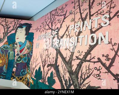 Le panneau d'entrée, titre à l'exposition temporaire des estampes japonaises en transition au Legion of Honor Art Museum à San Fransisco, Californie. Banque D'Images