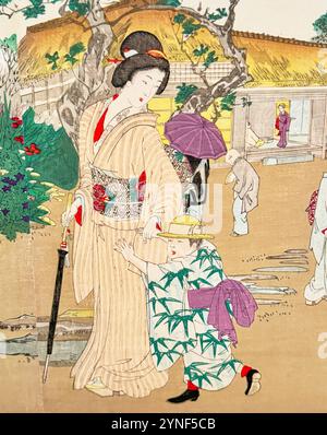 Les sept herbes de l'automne au jardin des cent fleurs de Shotei Watanabe. Une estampe japonaise gravée sur bois à la Légion d'honneur à San Fransisco, CA. Banque D'Images