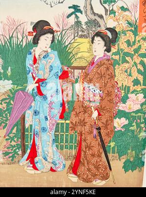 Les sept herbes de l'automne au jardin des cent fleurs de Shotei Watanabe. Une estampe japonaise gravée sur bois à la Légion d'honneur à San Fransisco, CA. Banque D'Images