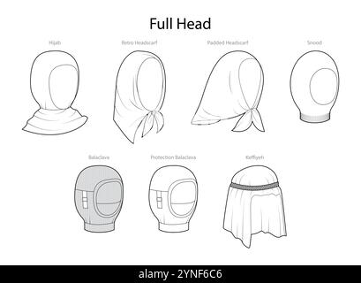 Ensemble de chapeaux de tête et de visage complets et foulards avec le texte de nom - foulard, Balaclava Keffiyeh Snood Hijab. Illustration technique du capuchon accessoire Head Fashion. Contour d'esquisse de maquette CAO de modèle plat vectoriel Illustration de Vecteur