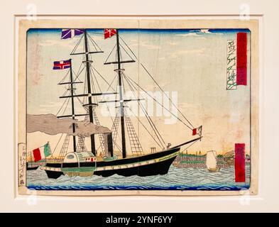 La mer au large de Shinagawa par Utagawa Hiroshige. Gravure sur bois japonaise d'un bateau à aubes à la Légion d'honneur à San Francisco, Californie. Banque D'Images