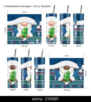 2 gnomes de Noël drôles. Modèle de sublimation sans couture pour gobelet skinny de 20 oz. Sans couture d'un bord à l'autre. Emballage pour gobelet complet. Banque D'Images