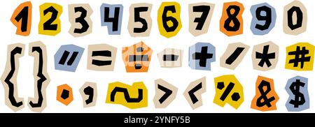 Collection de numéros et d'affiches découpés dans du papier. Ensemble de collages de signes de ponctuation et de caractères. Couper les symboles, les crochets, les éléments paquet pour la décoration, affiche, bannière, impression. Pack de style de rançon coloré vectoriel Illustration de Vecteur