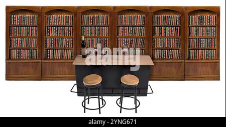 Bar en bois et métal avec tabourets pour se rassembler et se détendre avec du vin et des verres vides devant le mur de la bibliothèque Banque D'Images