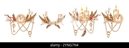 Bougies brûlantes, engrenages, plumes, branches sèches, baies rouges, chaînes et pendentifs, clé dans le style steampunk, ensemble de compositions illustration aquarelle. Banque D'Images