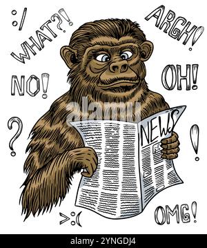 Illustration de dessin animé vectoriel dessinée à la main de singe drôle surpris de lire les nouvelles et des phrases de texte à la mode, des mots et des emoji isolés. Clip art, carte o Illustration de Vecteur