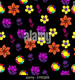 Un motif floral coloré et animé avec diverses fleurs sur un fond noir classique, parfait pour les textiles, les papiers peints et les dessins numériques. Illustration de Vecteur