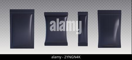 Maquettes de sac de poche ensemble isolé sur fond transparent. Illustration réaliste vectorielle de paquets zippés noirs en plastique avec espace vide pour la marque, le café, l'enveloppe de bonbons, les lingettes humides, le sachet de collation Illustration de Vecteur