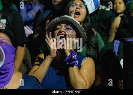 Quito, Équateur. 25 novembre 2024. Une femme chante des slogans pendant la manifestation. Des milliers de femmes sont descendues dans les rues de Quito pour commémorer la Journée mondiale contre la violence à l’égard des femmes. Cette Journée internationale pour l'élimination de la violence à l'égard des femmes nous rappelle la force de la lutte collective pour un monde plus juste, plus sûr et sans violence. Des femmes de tous âges ont défilé pour réclamer justice, protection et droits humains. Chaque pas, chaque cri, chaque pancarte est devenu un acte de résistance contre la peur et la violence. Crédit : SOPA images Limited/Alamy Live News Banque D'Images