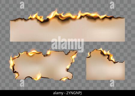 Feuilles de papier brûlant ensemble isolé sur fond transparent. Illustration réaliste vectorielle du feu sur le bord endommagé du document antique, lettre fumante, parchemin antique détruit, étincelles et fumée Illustration de Vecteur