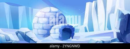 Paysage arctique avec maison traditionnelle igloo construite à partir de blocs de neige. Paysage polaire avec des formations glaciaires gelées et des pics de glace. Scène d'hiver de vecteur de dessin animé avec abri dans l'environnement arctique. Illustration de Vecteur
