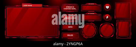 Cadres d'interface utilisateur de flux de jeu isolés sur fond noir. Illustration réaliste vectorielle des bordures rouges de gradient pour la plate-forme de streaming, boutons avec des signes de coeur et de foudre, conception d'interface utilisateur Illustration de Vecteur