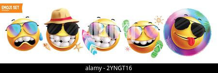 Jeu de personnages de clipart d'été emoji. Personnage emojis portant des lunettes de soleil avec des éléments de plage et des expressions faciales pour la saison tropicale. Vecteur Illustration de Vecteur