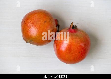 Deux grenades mûres (Punica granatum) sur un fond en bois clair. Vue de dessus. Banque D'Images