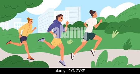 Les coureurs s'affrontent dans le parc. Entraînement de course à pied dans un parc municipal. Le groupe d'athlètes s'entraîne dans la nature. Exercices en extérieur. Compétition sportive. Course de jogging marathon. Femmes Illustration de Vecteur