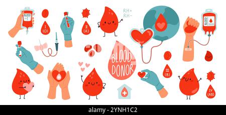 Eléments donneurs de sang. L'aide caritative aux patients. Groupe et facteur RH. Gouttes rouges. Aimez les cœurs avec des gouttelettes qui tombent. Mains en gants médicaux. T Illustration de Vecteur