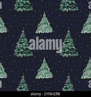 Aquarelle arbres de Noël à Snewing New Year Eve Night motif sans couture dessiné à la main bleu foncé. Fond d'hiver simple Banque D'Images