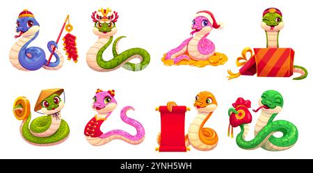 Personnages de serpent de dessin animé chinois de la nouvelle année lunaire. Reptiles vectoriels de dessin animé, symbole de l'année 2025 avec pièce d'or, sac d'argent, rouleau rouge, boîte cadeau, chapeau de père noël ou de dragon transmet la joie, la prospérité, la célébration Illustration de Vecteur