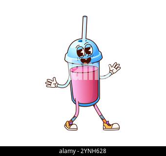 Personnage de boisson à emporter groovy. Café de rue à emporter boisson sucrée drôle de personnage vintage, mascotte vectorielle isolée de dessin animé. Boisson de restauration rapide dans la tasse en plastique jetable caractère gai groovy Illustration de Vecteur
