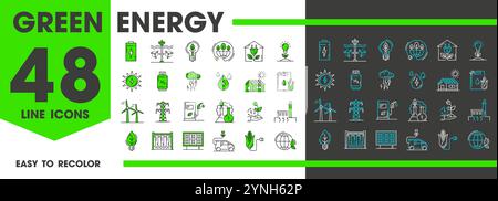 Nettoyer les icônes de ligne d'énergie verte. Environnement technologie verte, symboles vectoriels. Sources d'énergie renouvelables et technologies respectueuses de l'environnement. Panneaux solaires, éoliennes, énergie hydroélectrique, véhicules électriques Illustration de Vecteur