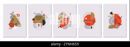 Affiches abstraites de memphis modernes avec des motifs graphiques vectoriels de formes géométriques de ligne minimales. Cercles, triangles et carrés, arcs, vagues et zigzags, étoiles points et croix affiches de motif memphis Illustration de Vecteur