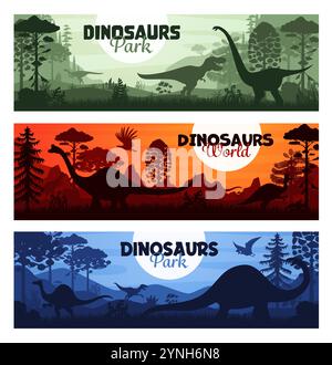 Silhouettes de dinosaures préhistoriques sur des bannières horizontales de l'ère jurassique, arrière-plans vectoriels. Parc d'aventure Dino World ou dinosaures ou bannières de musée avec T-rex et géants préhistoriques au coucher du soleil Illustration de Vecteur