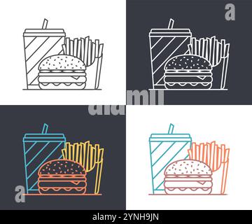 Icône de ligne de restauration rapide - boisson, frites et hamburger, icônes grises, colorées et blanches, illustration vectorielle eps10 Illustration de Vecteur