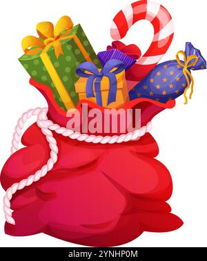 Sac rouge du Père Noël, sac plein de cadeaux, bonbons boîtes de noël, temps magique décoré avec une corde isolée sur fond blanc. Illustration vectorielle Illustration de Vecteur