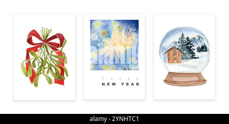 Ensemble aquarelle de trois cartes de Noël avec gui et arc, étincelles, boule à neige avec maison de village Banque D'Images