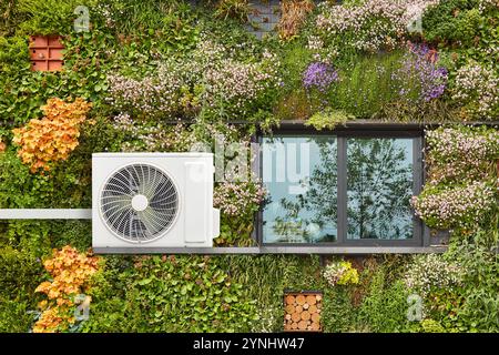 Pompe à chaleur à source d'air sur un bâtiment durable vert couvert de plantes suspendues verticales en fleurs Banque D'Images