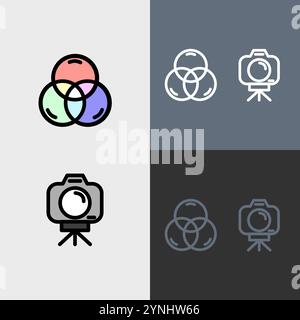 Couleur théroy roue et caméra sur un trépied - ensemble d'icônes de photographie et de vidéographie propres et modernes. Illustration de Vecteur