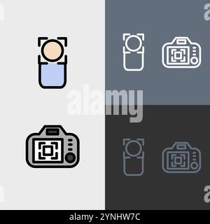 Mise au point sur le sujet et arrière de l'appareil photo - ensemble d'icônes de photographie et de vidéographie propres et modernes. Illustration de Vecteur