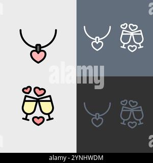 Collier d'amour et champagne - ensemble d'icônes de Saint-Valentin propre et moderne. Illustration de Vecteur