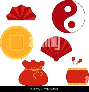 Ensemble d'éléments graphiques CNY. rouge fav, sac, tambour, pièce d'or et ying yang illustration vectorielle sur fond transparent. Dîner de la Saint-Sylvestre et festiv Illustration de Vecteur