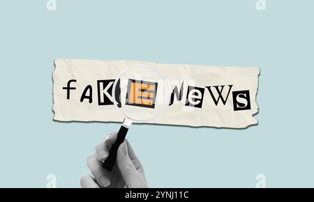 Main tenant la loupe au-dessus de faux collage de lettre de nouvelles sur papier déchiré. Identification de fausses informations, attention au concept de détail. Banque D'Images