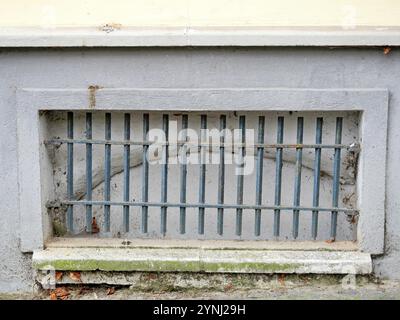 Puits de lumière de cave - muré - grille - puits de lumière de sous-sol en briques avec grille. Un regard authentique sur le passé. Banque D'Images