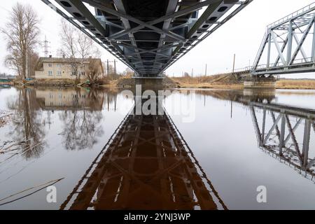 Une belle scène printanière sous le vieux pont de chemin de fer métallique sur la rivière. Construction métallique par en-dessous. Banque D'Images