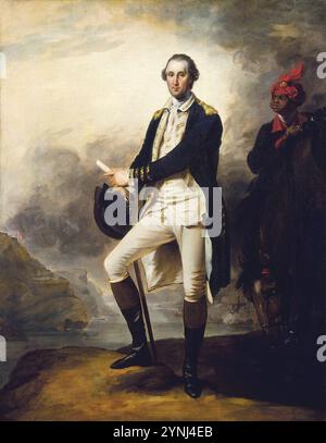 George Washington de John Trumbull (1780) George se tient sur une falaise au-dessus de la rivière Hudson avec son serviteur personnel esclave, William 'Billy' Lee, qui assiste à son cheval. Banque D'Images