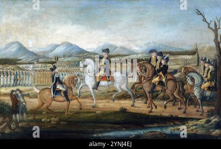 George Washington examinant l'armée de l'Ouest à Fort Cumberland, Maryland - peinture attribuée à Frederick Kemmelmeyer, vers 1800 Banque D'Images