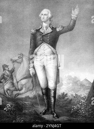 George Washington, portrait, portant un uniforme militaire, tenant l'épée sur le côté dans la main droite, avec le bras gauche levé dans le geste de séparation, soldats à l'arrière-plan et au loin, tient le Washington Monument après la conception de 1836 - non attribué Banque D'Images