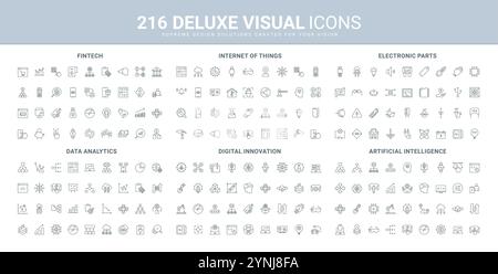 Analyse de Big Data, IoT et IA, innovation numérique et fintech, jeu d'icônes de ligne de pièces électroniques. Recherche financière de l'intelligence artificielle, analyse illustration vectorielle de symboles de contour noir mince Illustration de Vecteur