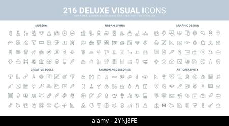 Outils créatifs de design d'artiste, de construction urbaine et d'infrastructure, ensemble d'icônes de ligne d'accessoires de mode. Signe et billets de musée, cosmétiques et maquillage illustration vectorielle de symboles de contour noir mince Illustration de Vecteur
