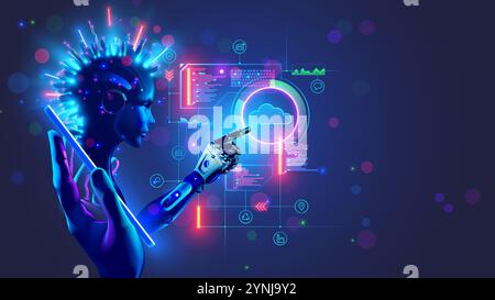 AI. IA numérique dans le téléphone en main. AI Bot sur écran communication smartphone mobile avec cloud computing. Intelligence artificielle traitement du Big Data et Illustration de Vecteur