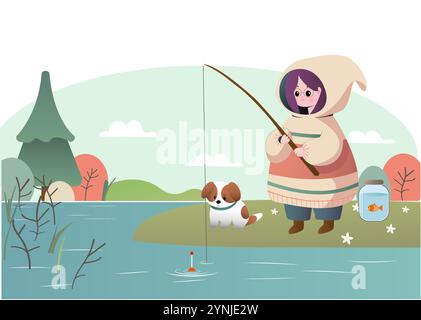 Une fille sur le rivage pêchant avec un chien Illustration de Vecteur