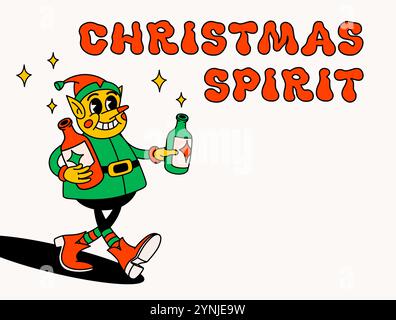 Santas Elf avec bouteilles et texte esprit de noël. Groovy vintage drôle de personnage Elf avec bouteille Illustration de Vecteur