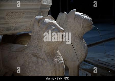 Les sculptures emblématiques de la fontaine du lion dans la Cour des Lions, Alhambra de Grenade Banque D'Images