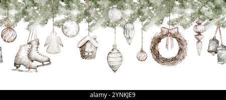 Bordure horizontale sans couture de Noël avec décorations suspendues. Bannière vintage de Noël dessinée à la main. Chaussettes à l'ancienne, mitaines, sur un fond isolé. Banque D'Images